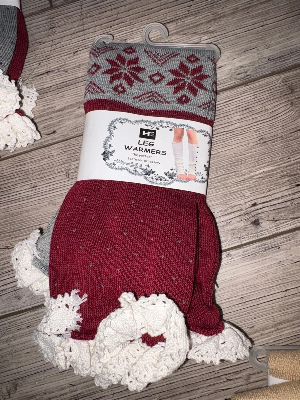 NWT red and grey leg warmers with white lace trim